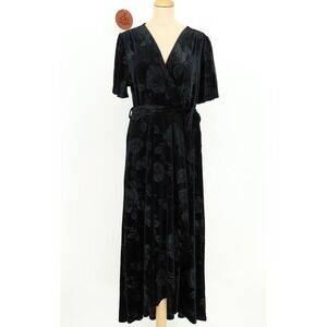 Simplee Black Velvet Burnout Floral Rose Wrap Midi Dress Flutter Sleeve Large